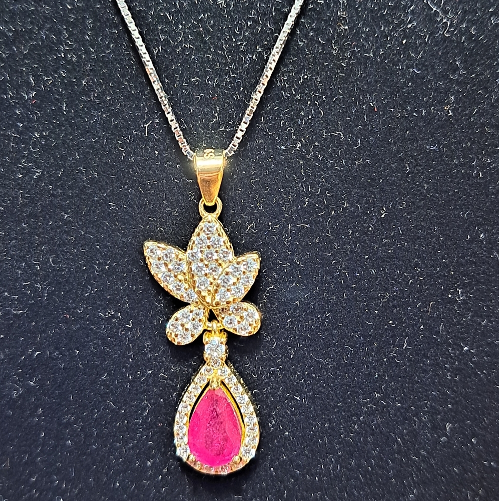 Heated Pear Red Ruby 8x5mm Simulated Cz 925 Sterling Silver Necklace 18 Inches